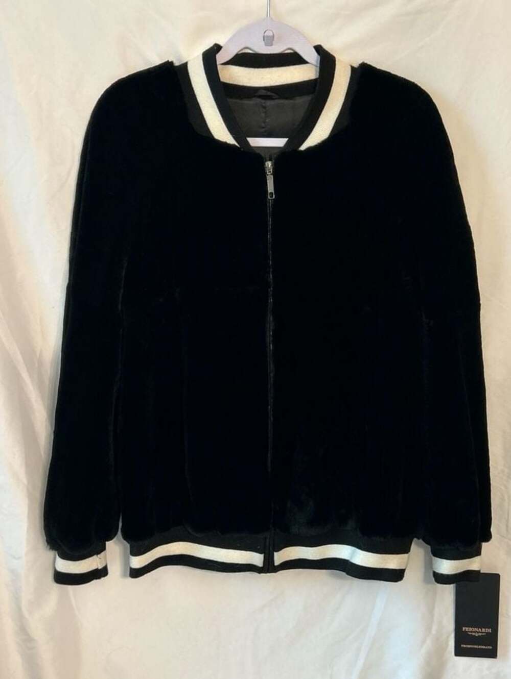 Feionardi Black Faux Fur Reversible Bomber Jacket with Crystal Eyed Flying Cat